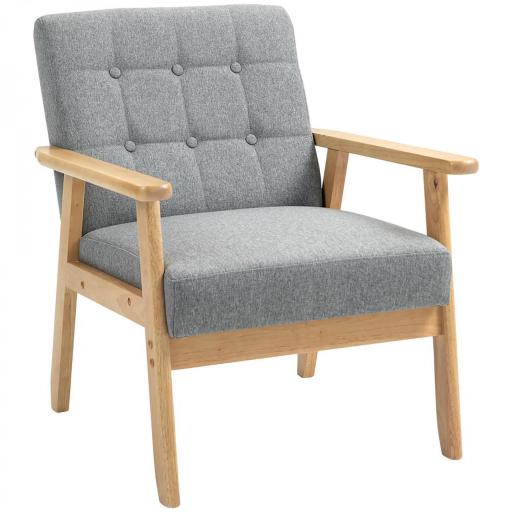 Butaca de Salón Tapizada en Lino con Reposabrazos y Marco de Madera de Caucho Carga 130 kg Gris Claro [9]