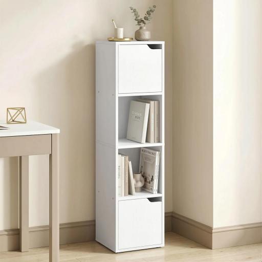 Estantería para Libros con 2 Puertas Librería Estrecha de 4 Niveles con 2 Estantes Abiertos 30x29x119 cm Blanco