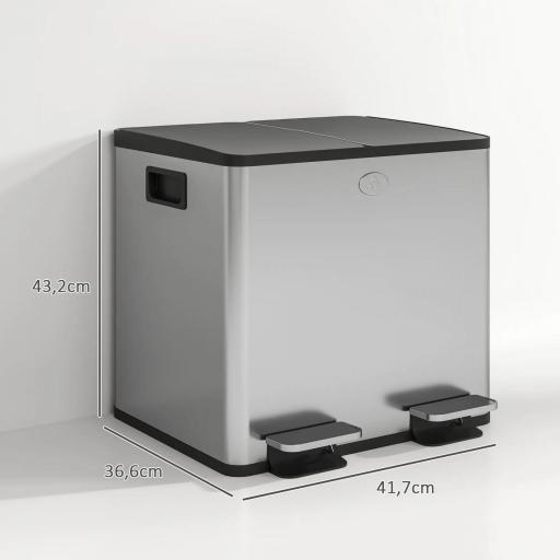 Papelera de Cocina de Acero Inoxidable con 2 Compartimentos 2x15L Pedales Tapas de Cierre Suave y Cubo Extraíble Plata [1]