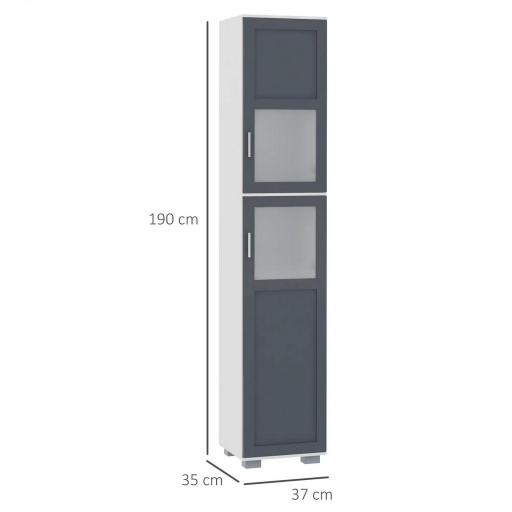 Armario Alto de Baño Mueble Columna de Baño con 2 Puertas de Vidrio Templado y Estantes Ajustables 37x35x190 cm Blanco y Gris [1]