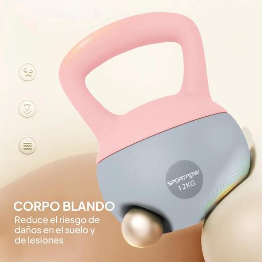 Pesa Rusa 12 kg Kettlebell Relleno de Arena Metálica Mango Antideslizante para Entreno en Casa 21x21x30 cm Rosa y Grisq [2]