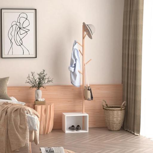 Perchero de Pie con Zapatero Colgador Tipo Árbol Moderno 6 Ganchos para Colgar Ropa Bolsa Banco con Almacenamiento Pasillo Entrada Bambú y MDF 40x30x180cm [5]