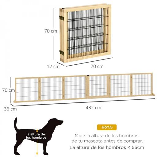Barrera de Seguridad para Perros Plegable de Madera para Escaleras y Puertas con Soporte de Pie 432x36x70 cm Natural [1]