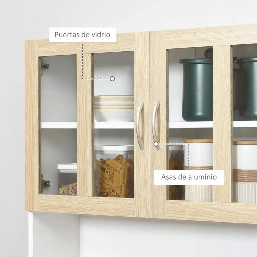 Alacena de Cocina con 4 Puertas de Vidrio Encimera Abierta Cajón Estantes Ajustables 80x40x180 cm Blanco y Natural [6]
