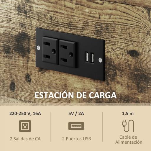 Mesa Auxiliar con Cajón y 2 Estantes con 2 Enchufes y 2 Puertos USB de Estilo Industrial 60x30x66,5 cm Marrón Rústico [2]