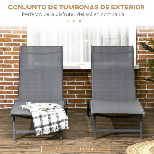 Juego de 2 Tumbonas Reclinables de Jardín de Aluminio con Respaldo Ajustable y Ruedas 165x66x102 cm Gris Oscuro [5]