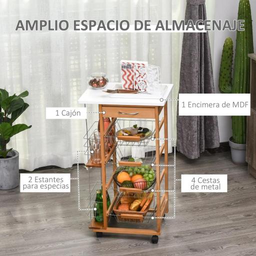 Carrito de Cocina con Ruedas Carro Multiusos con Cajón 4 Cestas Extraíbles de Metal y Bastidores 47x37x83 cm Natural [3]
