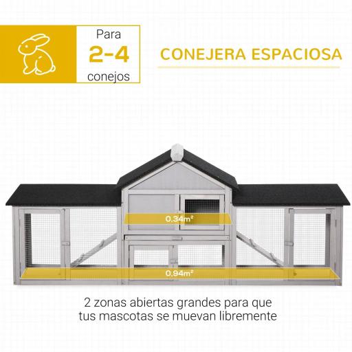 Conejera de Exterior Grande Jaula de Madera para 2-4 Conejos con Techo Asfáltico Recinto de Alambre Bandeja Extraíble y Rampas 210x45,5x84,5 cm Gris y Negro [5]