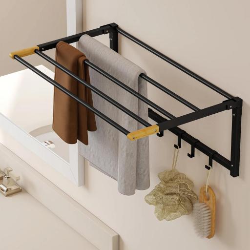 Toallero de Baño de Pared Toallero Plegable con 5 Barras y 6 Ganchos para Toallas Baño 60 cm Negro [5]