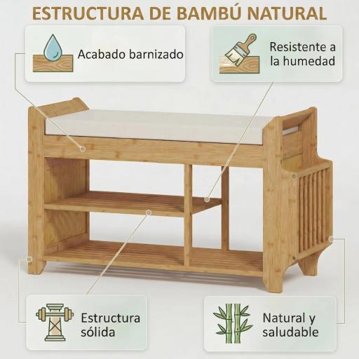 Banco Zapatero con Asiento Acolchado Almacenamiento Lateral Estante para Botas Marco de Bambú 80x30x50 cm Natural [6]