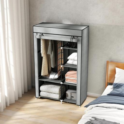 Armario de Tela Plegable Ropero Portátil con 6 Estantes y 1 Barra de Colgar para Dormitorio 103x43x162,5cm Gris [3]