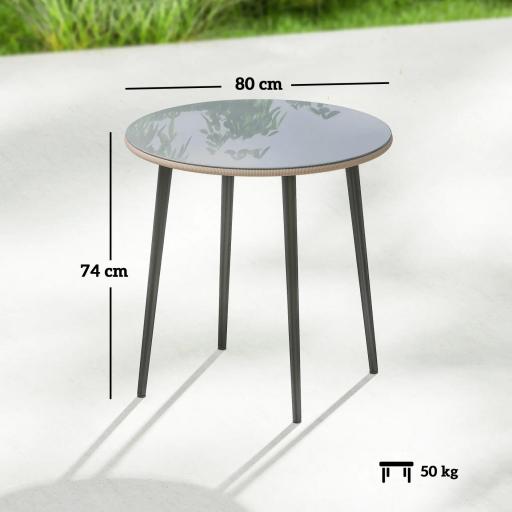 Mesa de Comedor de Jardín con Tablero de Vidrio Templado con Borde de Ratán Estructura de Acero 80x80x74 cm Gris [1]