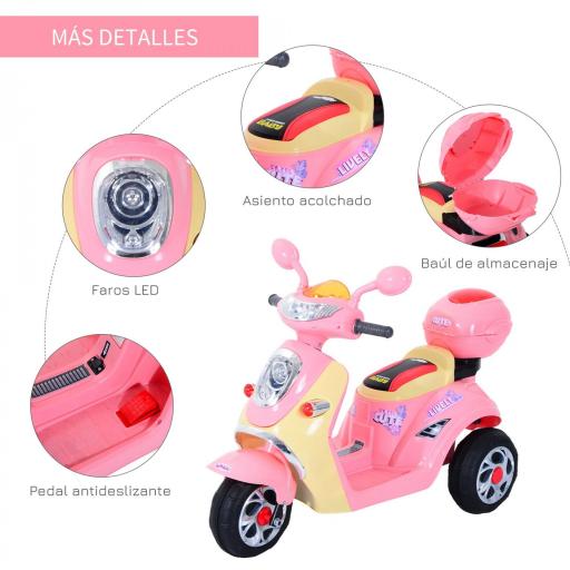 Coche Triciclo Moto Eléctrica Infantil Correpasillos a Batería Niños +3 años 6V Metal + PP 108x51x75cm Rosa [6]
