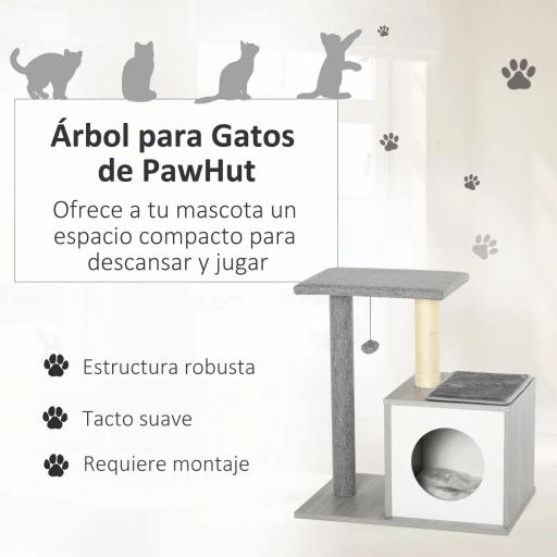 Árbol para Gatos 59x39x62 cm Rascador para Gatos de 3 Niveles con Plataformas Postes de Rascado Cueva de Madera Espaciosa Cojines Extraíbles Suaves Bola de Juguete Gris [2]