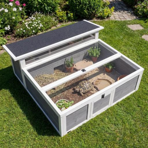 Casa para Tortugas de Madera Terrario para Reptiles Ventana Transparente Techo Abatible 113x106,5x44,5 cm Gris Oscuro [0]