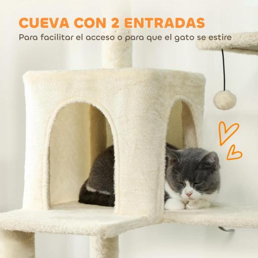 Árbol Rascador para Gatos con Plataforma Torre Escalador para Gatos con Cama Cuevas Postes de Sisal 60x48x202 cm Beige [6]