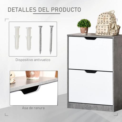 Mueble Zapatero Moderno con 2 Cajones Abatibles Estantes Ajustables para 8 Pares de Zapatos 62,5x26x81 cm Gris [3]
