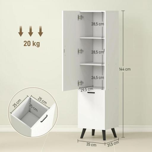 Armario Alto para Baño con Puertas y Estantes Cesto para Ropa Sucia en Espacios Reducidos 35x31,5x144 cm Blanco [3]