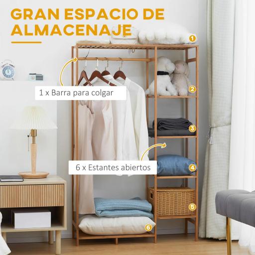 Perchero de Pie de Bambú Perchero para Ropa con Estantes de Almacenamiento y Varilla Colgante 90x30x145 cm Natural [2]