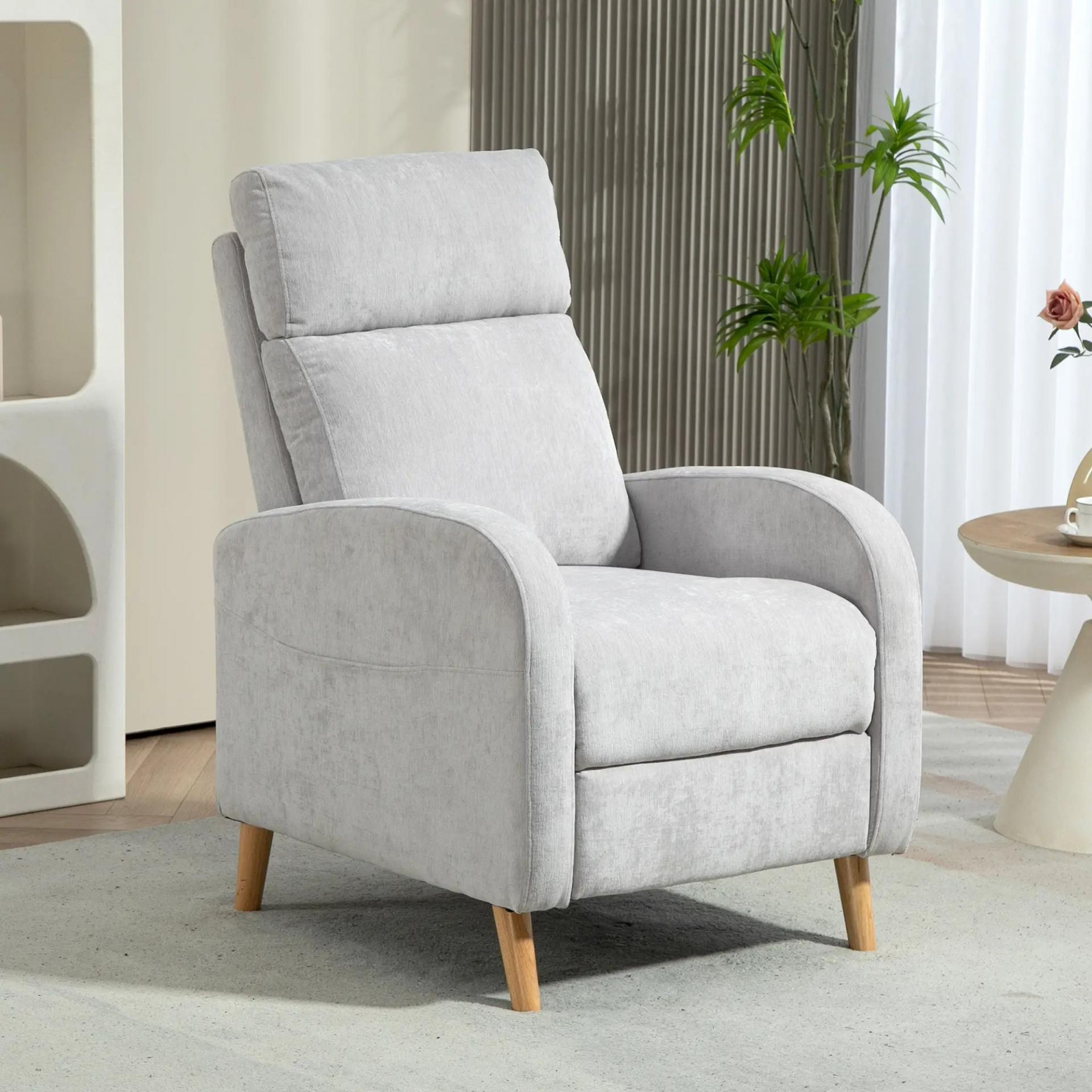 Sillón Relax Reclinable Tapizado en Lino Sintético con Reposapiés y Bolsillo Lateral Carga 135 kg Gris Claro