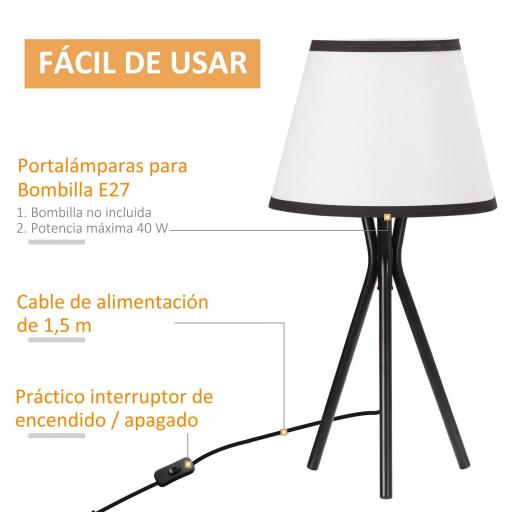 Lámpara de Mesa con Trípode de Metal Lámpara de Escritorio con Pantalla de Tela y Casquillo E27 Máx. 40W Estilo Moderno para Dormitorio Salón Ø25x50 cm Blanco y Negro [7]