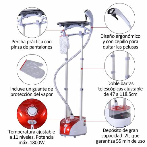 Plancha Vertical Vapor 1950W, Depósito de 2 L, 32g/min, Plancha de Vapor Vertical con Barra Telescópica, Listo en 38s,Colgador de Ropa, Centro de Planchado para Hogar Oficina, Rojo [4]