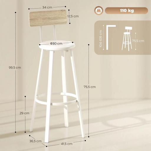 Juego de 2 Taburetes Altos de Cocina con Respaldo y Reposapiés Tapizados de PU Asiento de 75,5 cm Natural y Blanco [1]