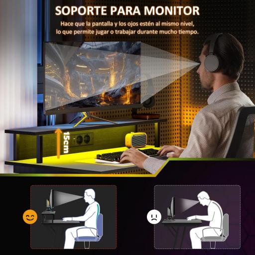 Escritorio Gaming con Luces LED 100x60 cm omas de Corriente Soporte para Monitor Estantes y Control Remoto Negro [3]