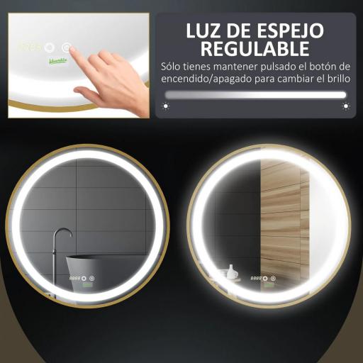 Espejo de Baño con Luz LED Táctil Función de Memoria Brillo y Color Ajustable y Reloj Ø60x4 cm Dorado [6]