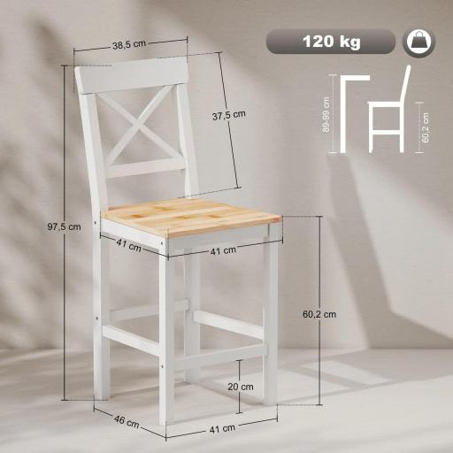 Taburetes Altos de Cocina de Madera Altura Asiento 60,2 cm con Respaldo y Reposapiés 41x46x97,5 cm Natural y Blanco [1]