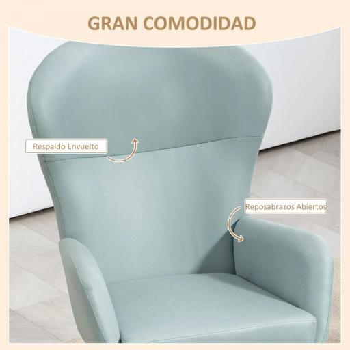 Mecedora Tapizada en Tejido Técnico con Patas de Madera de Haya Respaldo con Diseño Curvo y Reposabrazos Verde Claro [7]