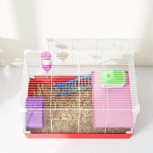 Jaula para Hámster con Plataforma con Caseta Comedero Bebedero y Rueda de Ejercicio 47x30x27 cm Blanco y Rojo [7]