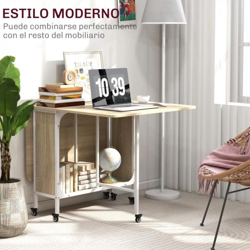 Mesa de Cocina Plegable con Ruedas Alas Abatibles y Estante Mesa Plegable para Salón 130x80x74 cm Madera Natural [5]