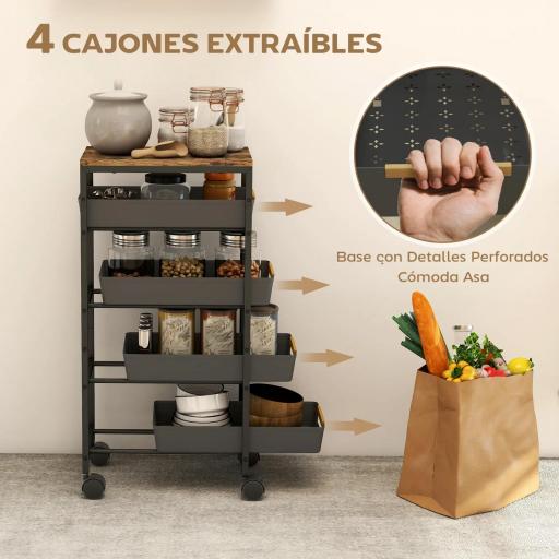 Carro de Cocina de 5 Niveles Carrito Auxiliar con Ruedas Tablero Efecto Madera Cajones Extraíbles 39,5x24x82 cm Negro [7]