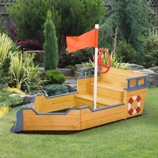 Arenero Infantil de Madera Diseño de Galeón con 2 Escalones Banco con Almacenaje Bandera y Timón Cajón de Arena