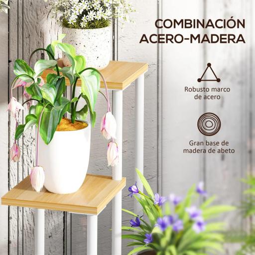Soporte para Plantas de Madera y Acero de 4 Niveles con 4 Estantes Cuadrados 53x42x85 cm Natural y Blanco [5]