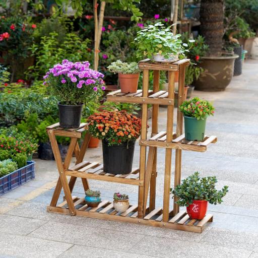 Estantería para Plantas con Pies de Madera con 5 Niveles Carga 60 kg para Interior y Exterior 98x28x95 cm Carbonizado [5]