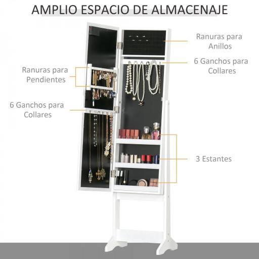 Espejo Joyero de Pie con 16 Luces LED y Ángulo Ajustable Organizador de Joyas con Estantes 36x30x136 cm Blanco Cálido [2]
