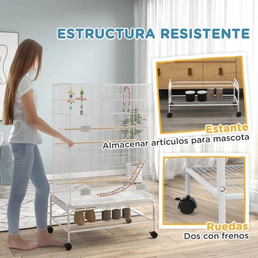 Jaula para Pájaros con Ruedas Bandeja Extraíble Puertas Comederos Perchas y Estante Inferior 79x49x133 cm Blanco [2]