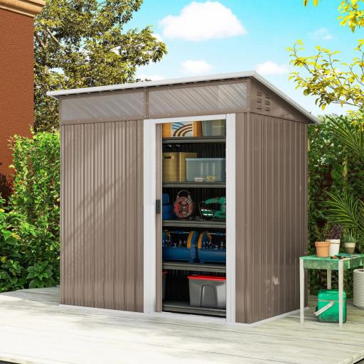 Caseta de Jardín Metálica con Puerta Corredera Ventanas y Ventilación para Almacenaje Exterior 195x122x159/182 cm Marrón