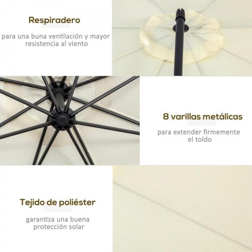Sombrilla de Jardín Ø300x250 cm Parasol Excéntrico Inclinable con Manivela Base Cruzada y Soporte de Metal 8 Varillas para Terraza Exterior Balcón Beige [7]