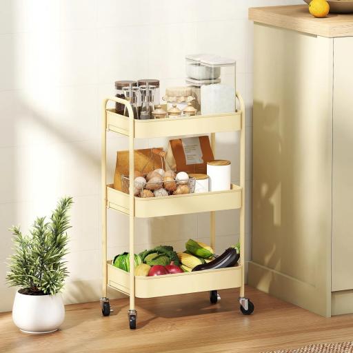 Carrito Auxiliar con Ruedas de 3 Niveles Carrito de Cocina con 3 Cestas y 2 Asas 45x30,6x79 cm Amarillo