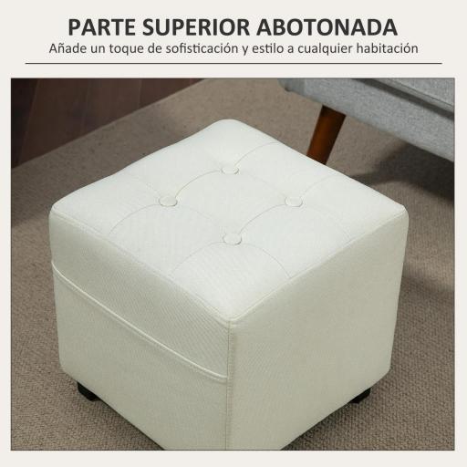 Reposapiés de Salón Taburete Bajo Tapizado en Lino con Bolsillo Lateral y Tapa con Botones Acolchados Crema [6]