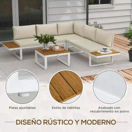 Juego de Muebles de Terraza Incluye 2 Sofás Dobles 1 Sofá Esquinero Reclinable y Mesa de Centro con Cojines Crema [4]