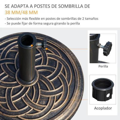 Base de Sombrilla de Jardín Peso Neto 12 kg Soporte de Parasol Redondo Apto para Postes de 38mm/48mm Resina y Acero para Terraza Patio Exterior Ø45x33 cm Bronce [2]