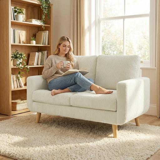 Sofá de 2 Plazas de Pana 134 cm con Patas de Madera Respaldo Grueso Sofá Moderno para Salón Dormitorio Crema [2]