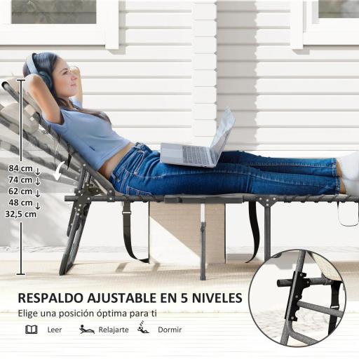 Tumbona Plegable con Respaldo Ajustable Reposacabezas Bolsillo Lateral Bandeja y Estructura de Acero 190x60x31 cm Crema [3]
