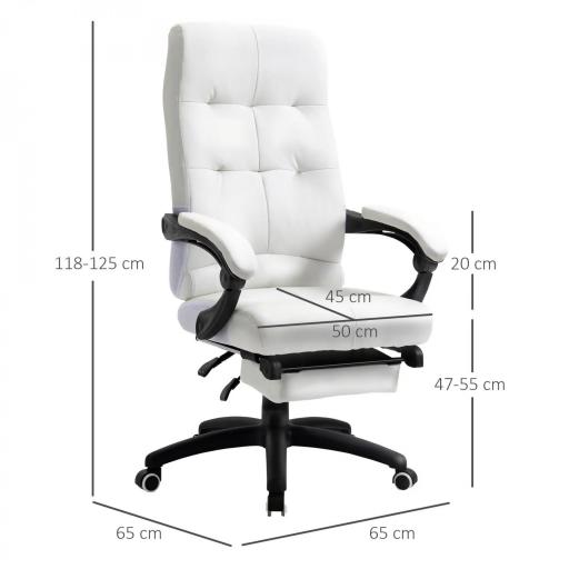 Silla de Oficina Giratoria Silla de Escritorio Reclinable Silla de Estudio Tapizada de PU con Altura Ajustable Reposabrazos Reposapiés 65x65x118-125 cm Blanco [1]