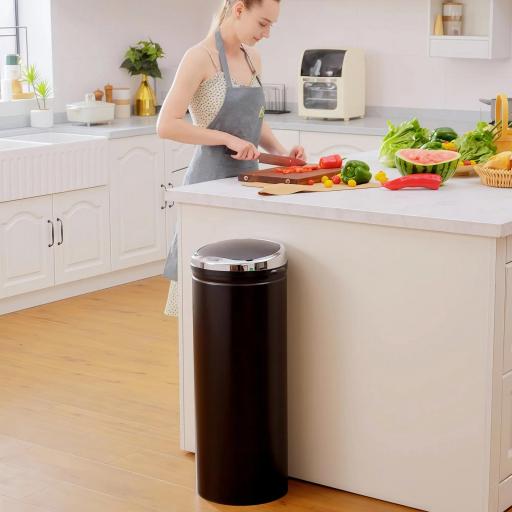 Cubo de Basura Automático 50L con Tapa Cierre Suave y Silencioso Cuerpo de Acero Inoxidable Negro