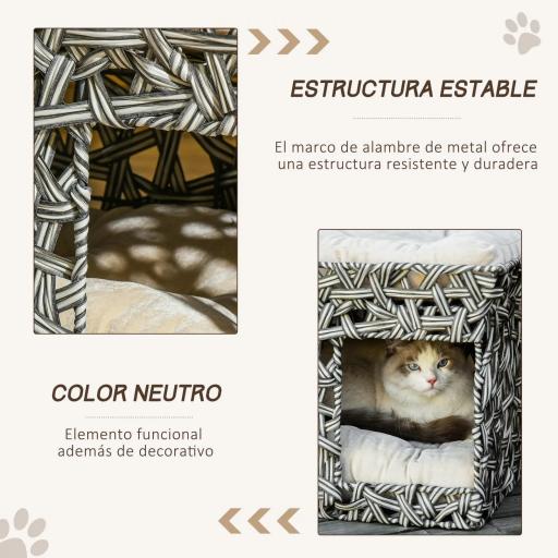 Cesta de Ratán para Gatos de 2 Pisos Cueva Cama de Gato Tipo Caseta con 2 Cojines Suaves Estructura de Metal 51x42x37 cm Gris y Beige [3]